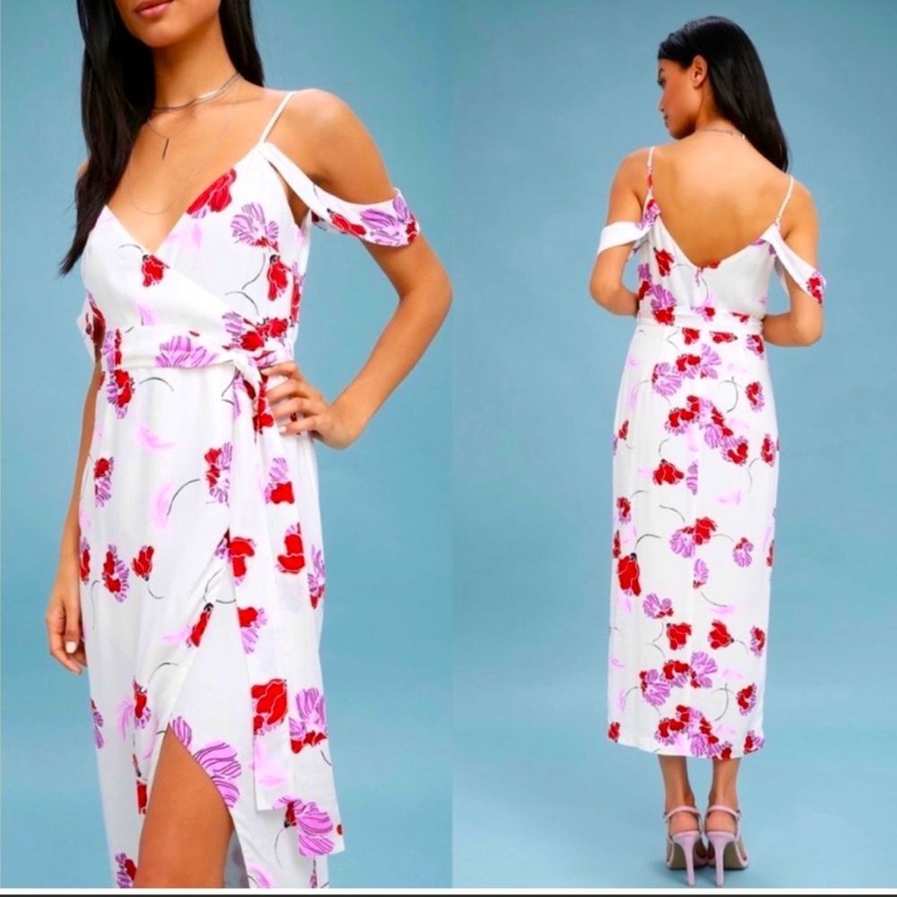 Bardot Off the Shoulder White Floral Wrap Dress